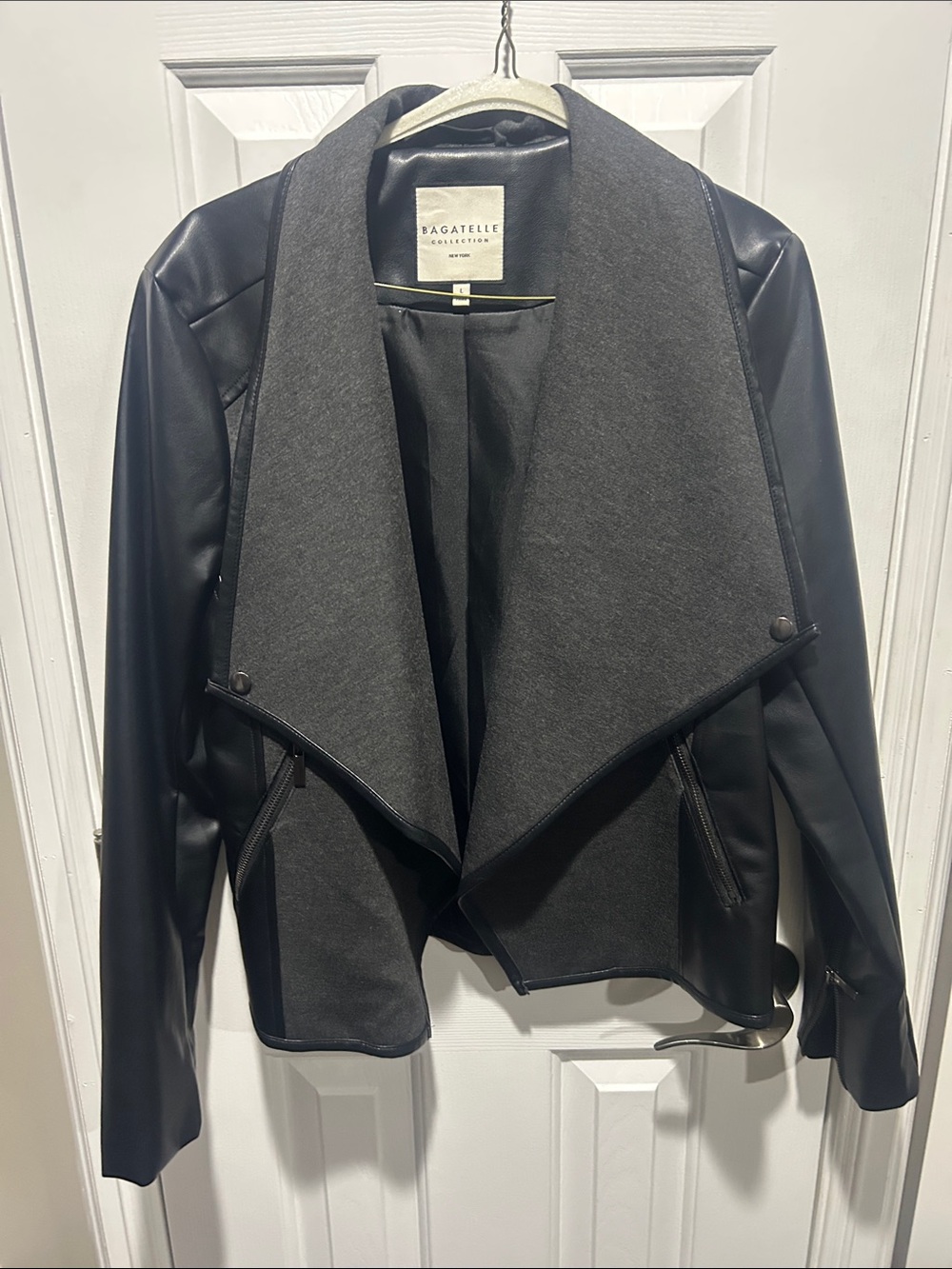 Bagatelle Black Faux-Leather Jacket with Dark Gray Draped Front